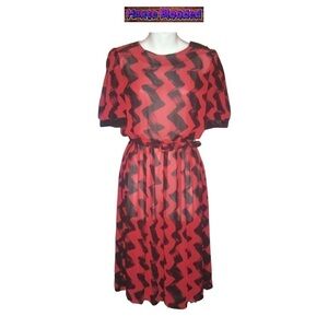 Vintage 70's Contempo Of California Graffiti Dress Red W Belt Sheer Retro VTG